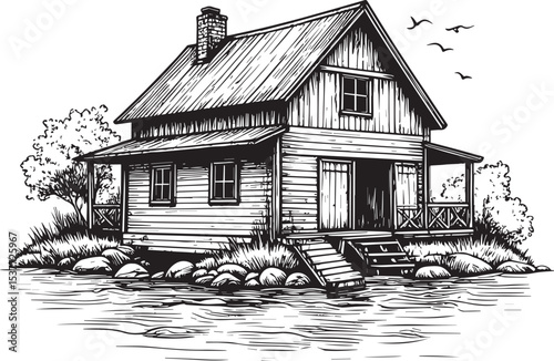 Rustic Lakeside Cabin Engraving