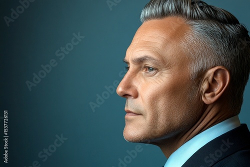 Chic men's slick back with fade haircut - midlife white man with hair. An expressive and modern man in a studio setting. Conceptual art of style for aging men. Blue solid background.