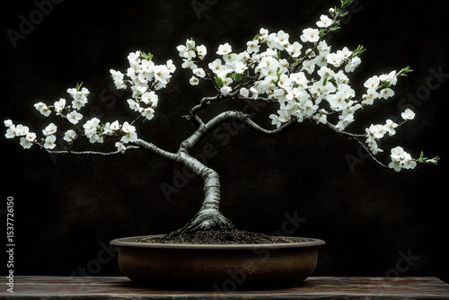 Elegant bonsai, white blossoms against dark