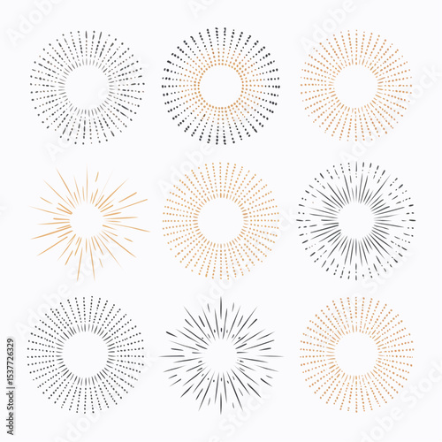 Diverse collection of vector sunburst designs with radial lines and dotted patterns on white background