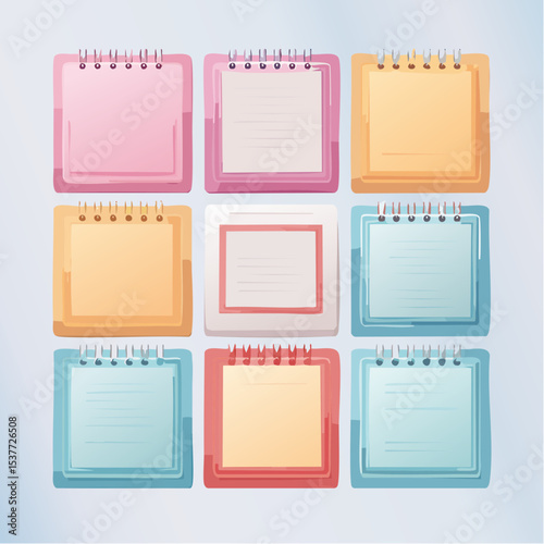 Nine colorful notepads with spiral binding arranged in a grid against a light background
