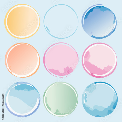 Nine colorful watercolor circles arranged on a light blue background for design elements