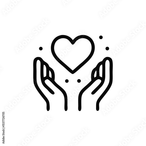 Two hands gently holding a heart shape, surrounded by small dots, in a minimalist line art style.