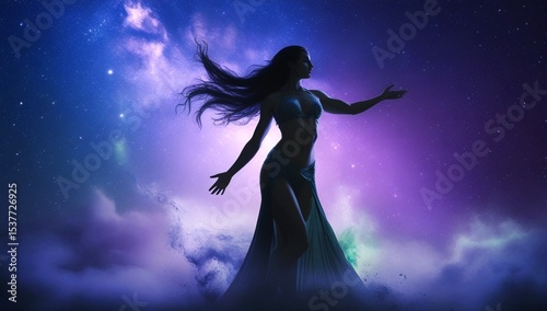 Majestic silhouette of a woman, set against a starry night sky in deep shades of indigo and purple