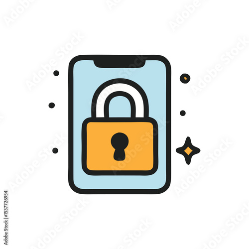 A cartoon illustration of a smartphone displaying a secure padlock icon.