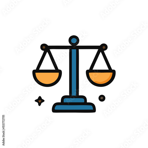 Illustration of a balanced scales of justice, with golden pans and a blue stand, against a white background.