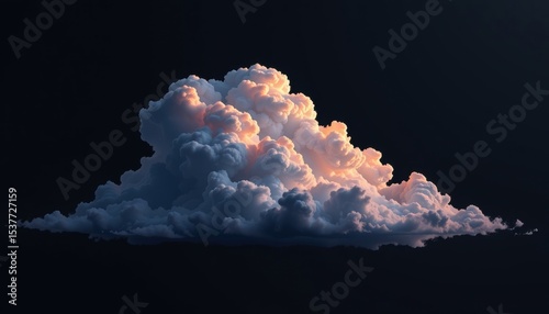 A Cumulus Cloud with sunlight, showcasing its fluffy and dynamic appearance. The soft, glowing sunlight creates a stunning display against the darker background