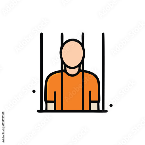 Simple illustration of a person wearing an orange jumpsuit behind bars, suggesting imprisonment or confinement.
