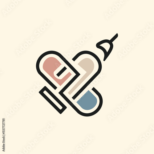 Abstract medical logo combining a heart shape with pills and a syringe, symbolizing health, care, and well-being.