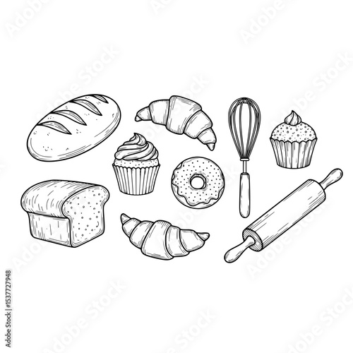 Bakery bread croissant cupcake donut sketch vector illustration baking kitchen utensils drawing line art