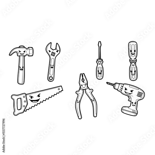 Illustration of hammer wrench screwdriver saw drill and pliers tools with funny cartoon faces design