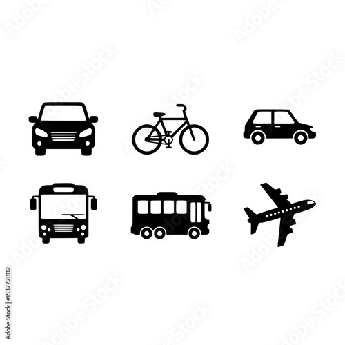 Transportation vehicle icons set car bike bus airplane travel transport public private personal vector art