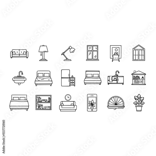Collection of furniture interior design elements home decor icons including bed sofa lamp and window outline vector
