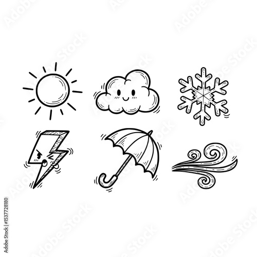 Weather forecast doodle set sun cloud snowflake lightning umbrella wind hand drawn vector illustration