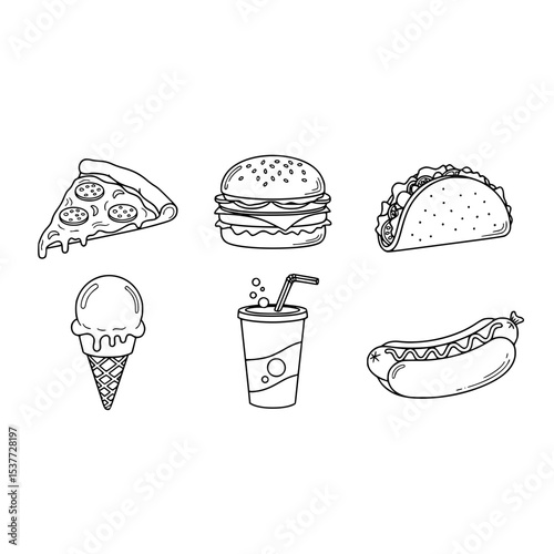 Outlined fast food collection featuring burger pizza taco hotdog ice cream and soda vector illustration