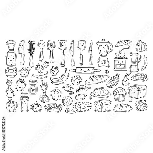 Doodle kitchenware food utensils fruits vegetables bread kawaii style vector illustration design art