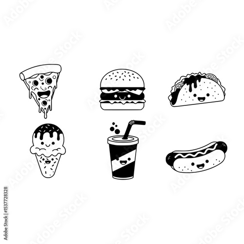 Cute cartoon fast food icons pizza burger taco ice cream soda hotdog kawaii style vector illustration