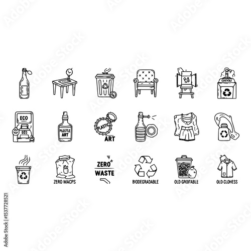 Recycle zero waste eco biodegradable old groitable plostle art plastic art old clohess zero macps