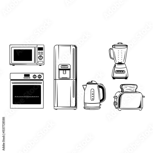 Kitchen appliances microwave oven refrigerator blender kettle toaster cooking food preparation equipment home set