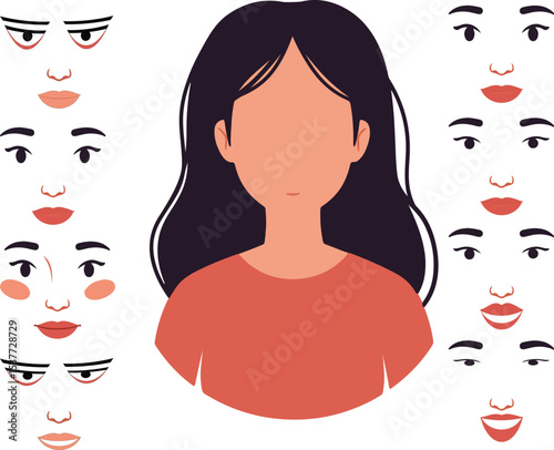 Facial Expressions Chart of a Woman,Customizable cartoon vector illustration for creating Fmale character avatars
