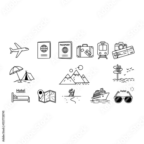 Travel vacation adventure trip journey tourism passport airplane luggage cruise hotel camping destination icons