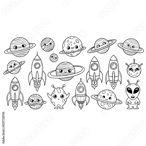 Cute space planets rockets aliens coloring page for kids vector illustration line art drawing design