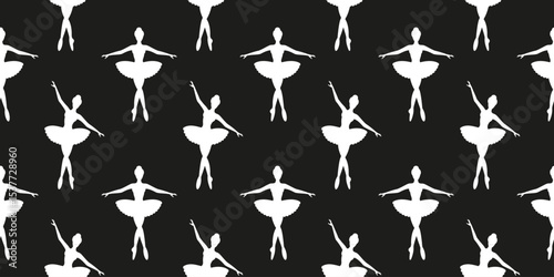 Pattern of ballerina silhouettes on black background. Pretty ballet dancer in tutu cartoon pattern. Black and white pattern