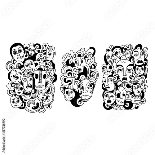 Black and white doodle art with faces abstract illustration quirky drawing line art surreal artwork design style