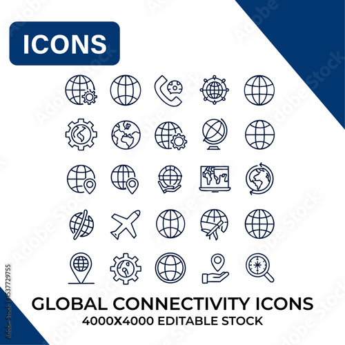 Global Connectivity Icons Set: A comprehensive and visually appealing set of icons representing global connections, perfect for various design and informational needs.