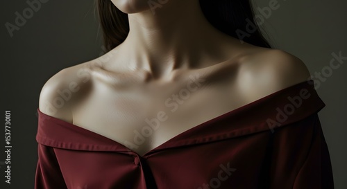 Elegant Woman's Neck and Shoulders in Red Off-Shoulder Dress - Beauty, Portrait, Fashion, Sensual