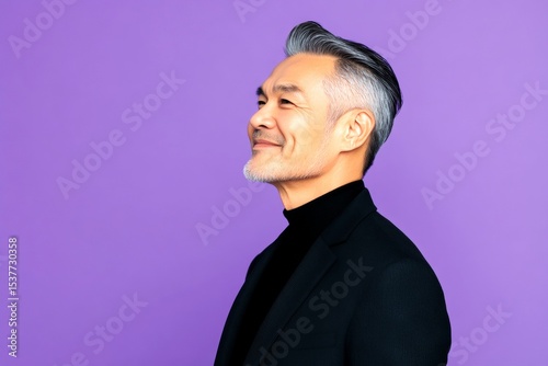 A midlife man posing for a portrait. Purple solid background. Trendy men's slicked back haircut - midlife southeast asian man with short hair. Pattern of style for aging men.