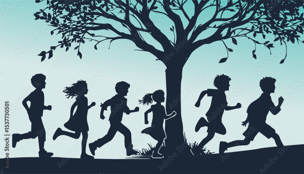 Obraz premium Children playing in a park. Vector illustration.kids playing and running with autumn trees vector in white background