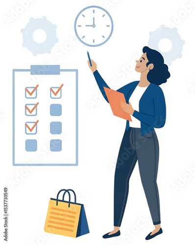 Flat vector illustration of a businesswoman checking off a to-do list with task icons, calendar reminders, and time management elements — concept of productivity, planning, and goal achievement
