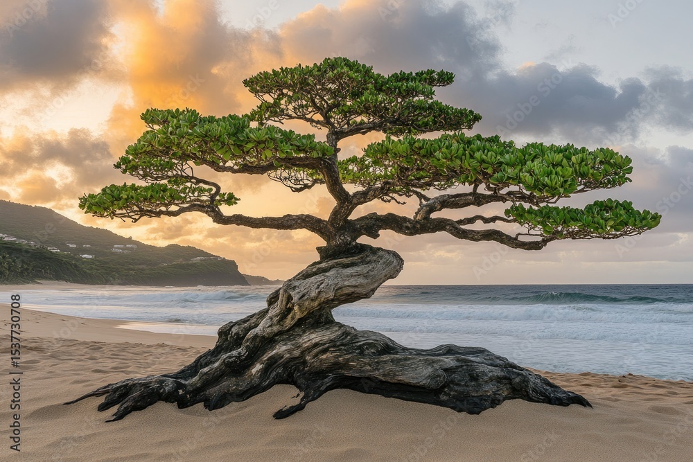 Fototapeta premium Coastal bonsai tree at sunrise