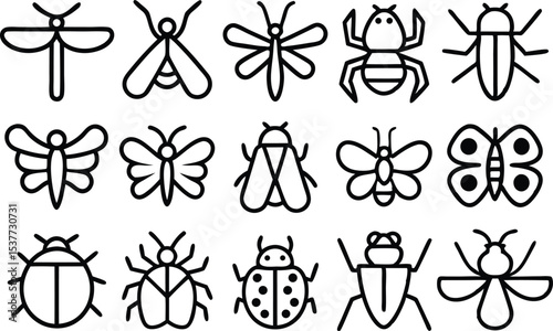 High quality line art insect icon set featuring dragonfly designs isolated on transparent background