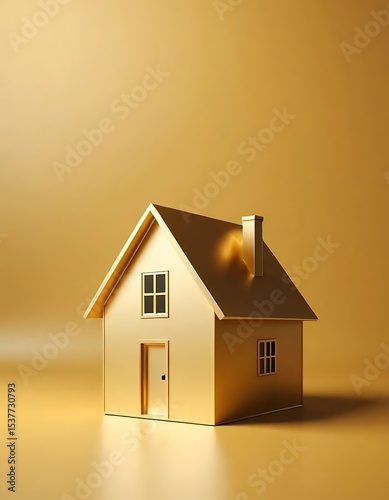 Minimalist golden house on a golden background, representing prosperity and wealth