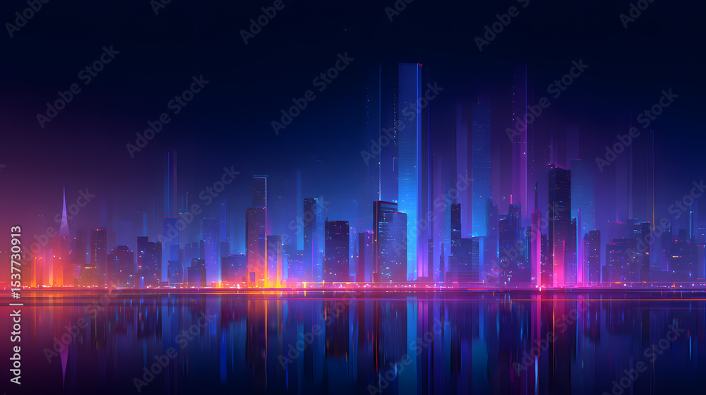 Naklejka premium Vibrant Nighttime Cityscape with Neon Lights Reflecting on Water