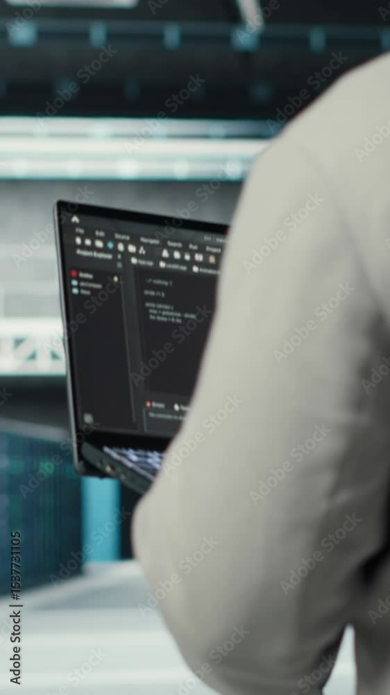 Vertical video Engineer walking in data center using device to ...