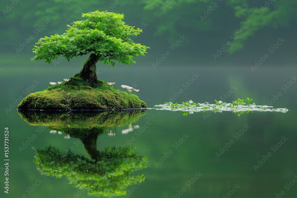Naklejka premium Peaceful bonsai on an island, reflected in glassy water. Lush greenery, misty forest backdrop