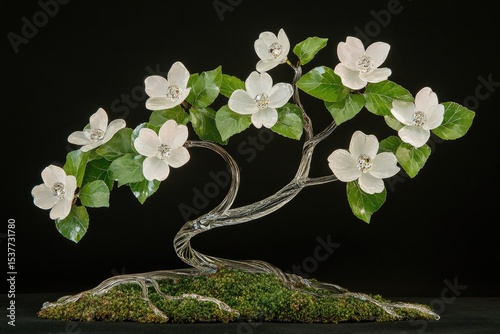 Glass bonsai with delicate white flowers