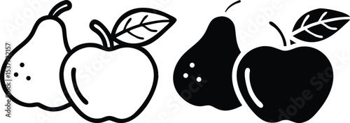 Minimalist Apple and Pear Icon – Grayscale Line Art Fruit Vector Illustration