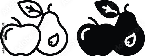 Minimalist Apple and Pear Icon – Grayscale Line Art Fruit Vector Illustration