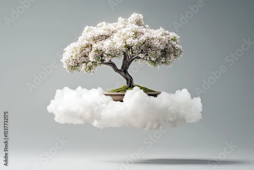 Floating bonsai tree in a cloud