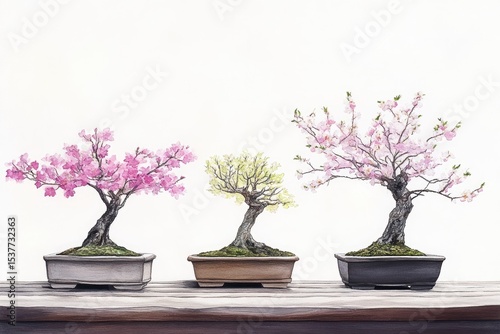 Three bonsai trees in bloom, various pastel colors, on a wooden surface