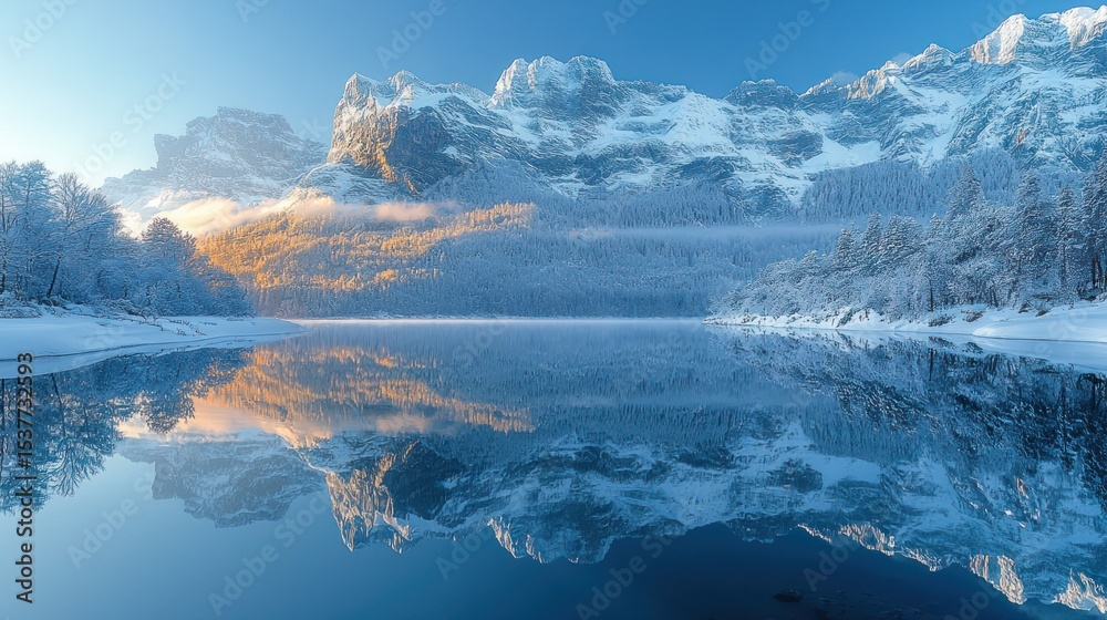 Fototapeta premium Frozen lake reflecting snowy peaks at dawn