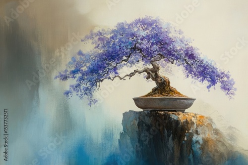 Purple bonsai on rock, misty backdrop