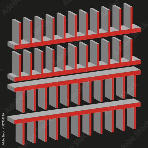 Gray bar grid. Isometric column icon. Red line accent. Black background contrast.