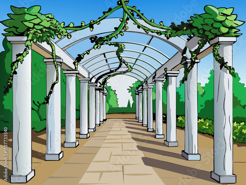 A vine covered white pergola walkway with twisted tree trunks vector illustration