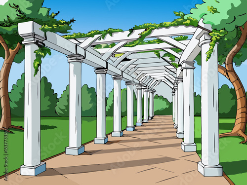 A vine covered white pergola walkway with twisted tree trunks vector illustration