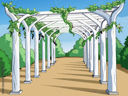 A vine covered white pergola walkway with twisted tree trunks vector illustration